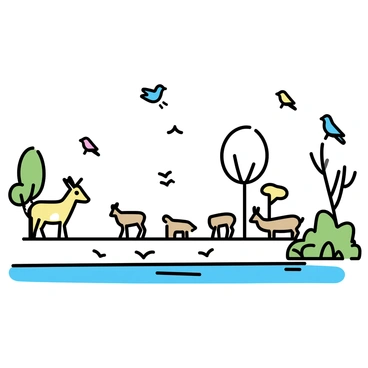 A variety of wildlife is depicted along the banks of the Jordan River. There are several birds flying above and perched on branches of nearby trees. Among them are a few colorful species, showcasing bright plumage. On the riverbank, a small group of deer grazes peacefully, some bending down to eat grass while others stand alert, observing their surroundings. The river flows gently, reflecting the natural habitat teeming with life. Lush vegetation surrounds the scene, adding to the vibrancy of the wildlife.