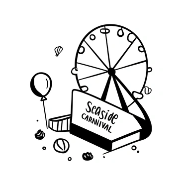 A matchbook with the words "Seaside Carnival" printed on its cover. The matchbook is slightly open, revealing a few matchsticks inside. In the background, there is a large Ferris wheel with distinct circular shapes, towering above the scene. Surrounding the Ferris wheel are various balloons in different sizes and shapes, floating in the air. The ground is depicted with small details of sand and beach-related items like seashells.