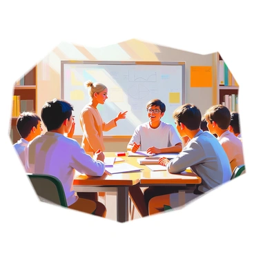 A group of high school students engaged in a lively debate within a classroom setting. The students, both boys and girls, are sitting around a large table, with some standing. One student with glasses and dark hair is passionately presenting their argument, using hand gestures for emphasis. Another student with blonde hair is listening intently, ready to respond. The classroom is filled with bookshelves in the background and a large whiteboard with notes and diagrams. Sunlight is streaming through the windows, creating a dynamic atmosphere of discussion and engagement.