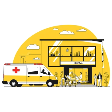 An ambulance with a prominent red cross on its side is parked in front of a large, busy hospital building. The hospital has multiple floors with large windows and a main entrance that is bustling with people. Medical personnel in uniforms are seen attending to patients being wheeled on stretchers into the hospital. A few pedestrians are walking along the sidewalk, and cars can be seen moving in the background. The sky above is clear, adding to the lively atmosphere of the scene.