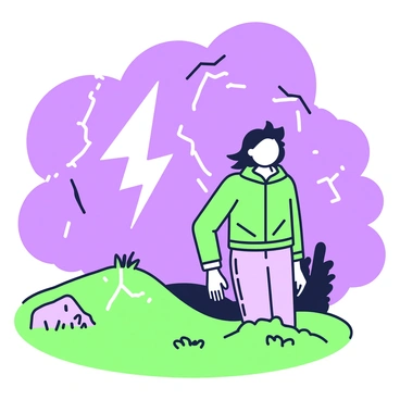 A person is standing on top of a hill, looking up with a surprised expression. The sky is dark, filled with ominous clouds, and a bright flash of lightning is striking the ground nearby. The person's hair is being blown by the wind, and they are dressed in a waterproof jacket and sturdy pants. Around them, the landscape of the hill is grassy, with a few scattered rocks and small shrubs. The lightning bolt appears strikingly close, illuminating the surrounding area with vivid brightness.