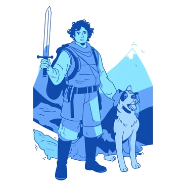 A blue adventurer stands confidently with a gleaming sword in hand, wearing a rugged outfit suited for exploration. Beside them is a loyal animal companion, a brown dog with a determined expression, looking up at the adventurer. The background features rugged terrain, with hints of distant mountains and a clear sky. The adventurer's other hand rests on the dog's back, conveying a sense of camaraderie as they prepare to embark on their quest together.