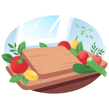 A rustic kitchen features a large wooden cutting board placed prominently on a sturdy wooden countertop. Surrounding the cutting board are an assortment of fresh vegetables, including red and yellow bell peppers, ripe tomatoes, and vibrant green zucchinis. Various herbs like basil and thyme are scattered around, adding a touch of freshness to the scene. Sunlight streams in through a window, casting gentle shadows on the countertop, highlighting the textures of the wood and the colors of the vegetables.