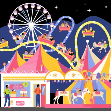 A vibrant carnival scene filled with numerous rides and attractions. The background features a large Ferris wheel with bright, glowing lights illuminating the night sky. Colorful roller coasters twist and turn, showcasing red, yellow, and blue cars filled with excited riders. In the foreground, a carousel spins with beautifully painted horses and twinkling lights. Stalls decorated with colorful banners offer cotton candy and popcorn, with cheerful people gathered around. The entire scene conveys a sense of joy and festivity, with sparkling stars visible above the carnival.