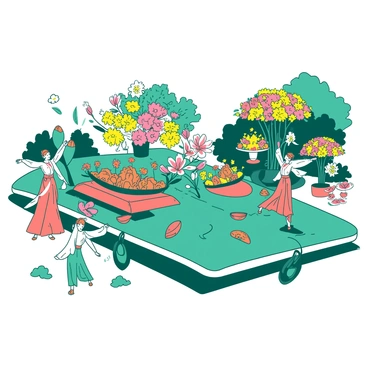 A teal float is decorated with a variety of colorful flower arrangements, showcasing an array of blossoms including yellow daisies, pink lilies, and orange roses. The float features intricate designs and patterns made entirely from the flowers, creating a stunning visual display. Surrounding the float, there are dancers in traditional attire, performing gracefully and celebrating the festival. The background shows lush greenery and additional floats covered in brightly colored flowers, contributing to the festive atmosphere.