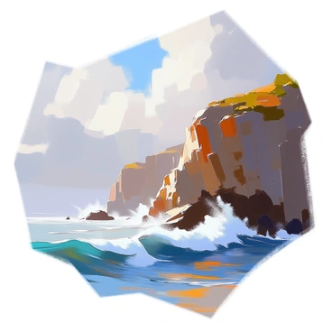 A dramatic coastal landscape featuring steep cliffs that rise sharply above the ocean. The cliffs are rugged and textured, showcasing layers of rock in various shades of gray and brown. Below, powerful waves crash against the base of the cliffs, sending up plumes of white foam and mist. The ocean is a deep blue, contrasting with the earthy tones of the cliffs. The sky above is filled with dramatic clouds, creating a sense of movement and intensity in the scene.