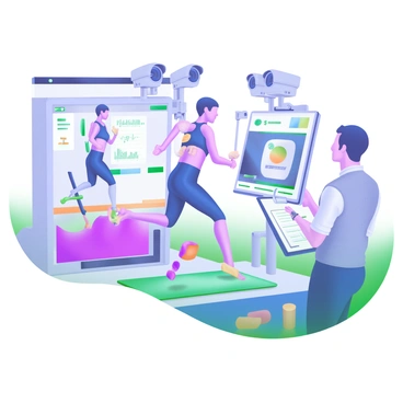 A modern pastel illustration depicting an athlete in a dynamic pose as they undergo motion analysis. The athlete is wearing a form-fitting athletic outfit, with sensors attached to their limbs. Surrounding the athlete is advanced biomechanical equipment, including a motion capture system with multiple cameras and a computer screen displaying graphs and data points. The background features a gym-like setting, with exercise mats and weights neatly arranged. A coach is observing the analysis with a clipboard in hand, attentively monitoring the data.