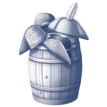 A wooden barrel serving as a display for a collection of pirate hats. Each hat features distinct characteristics: a tricorn hat with a wide brim, a bandana-style hat with a patterned fabric, a classic captain's hat with an emblem on the front, and a felt hat adorned with feathers. The barrel has visible wood grain and metal bands, reflecting its rustic charm. The hats are arranged artistically, showcasing different textures and shapes, and some hats are slightly tilted to create visual interest.