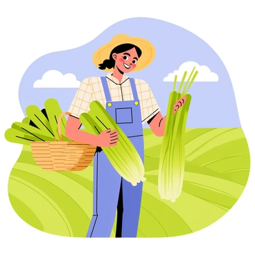 A farmer with a wide-brimmed straw hat is joyfully harvesting bunches of green celery in a bright, sunny field. The farmer is wearing a plaid shirt and overalls and has a warm smile on their face. In one hand, they hold a woven basket filled with freshly picked celery. The field is vibrant and lush, with rows of celery plants extending into the distance under a clear blue sky. A few fluffy white clouds can be seen in the sky, adding to the cheerful atmosphere.