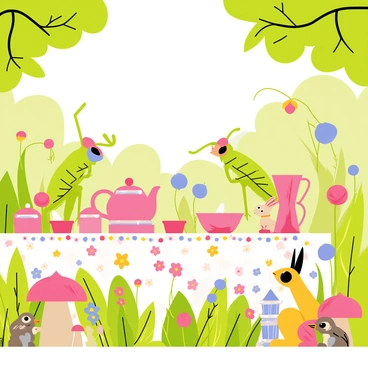 A whimsical tea party set in a lush green forest clearing. The table is adorned with a colorful tablecloth and is filled with various tea cups and a teapot surrounded by an assortment of sweets. Orchid mantises are elegantly perched on the edge of the table, their vibrant green and pink bodies blending perfectly with the floral theme. Nearby, small woodland creatures, such as a curious rabbit, a playful squirrel, and a colorful bird, are gathered around, looking excitedly at the treats. Delicate flowers and mushrooms decorate the scene, adding vibrant pops of color to the tranquil woodland setting.