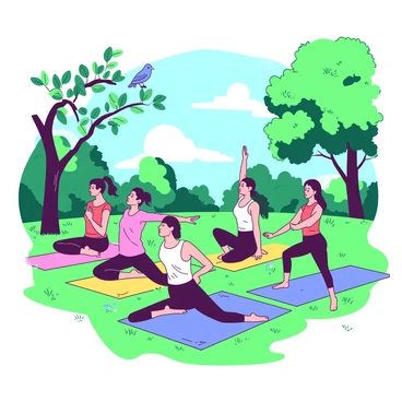 A group of five people is practicing various yoga poses on colorful mats spread across a green grassy area. Each person is engaged in a different pose, showcasing their flexibility and balance. In the background, there are tall trees with lush green leaves providing shade. Sunlight filters through the branches, creating patterns on the grass. A small bluebird is perched on a branch above, observing the scene. The atmosphere appears peaceful and focused, with a few wildflowers dotted around the park.