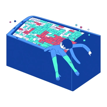 A person in a blue wetsuit is diving headfirst into a large, rectangular digital screen. The screen is filled with vibrant images of colorful pixels, creating a dynamic and chaotic pattern. As the person makes contact with the screen, their body starts to dissolve into individual pixels, transforming into red and teal squares that scatter outward. The background is a deep blue to enhance the contrast and highlight the pixelation effect. The person's limbs stretch out, and their expression is one of excitement and adventure as they plunge into the digital world.