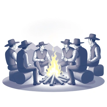 A group of cowboys is gathered around a large bonfire, with flames rising and illuminating their figures. Each cowboy is dressed in traditional attire, including wide-brimmed hats, leather vests, and boots. The scene captures their various postures as some are sitting on logs while others stand, leaning towards the fire. In the background, the silhouette of rugged mountains is visible against the clear night sky, dotted with stars. The cowboys are engaged in conversation, with a few sharing stories while others appear deep in thought, creating a sense of camaraderie in the Wild West atmosphere.