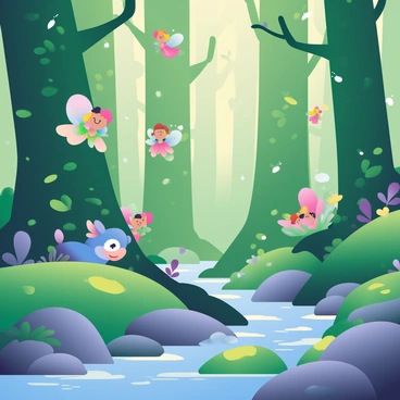 A mystical forest scene with fairies and magical creatures in a comic illustration