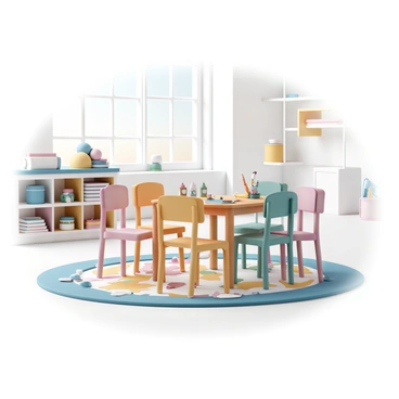 A designated play area in the living room with a small table and chairs for kids' activities