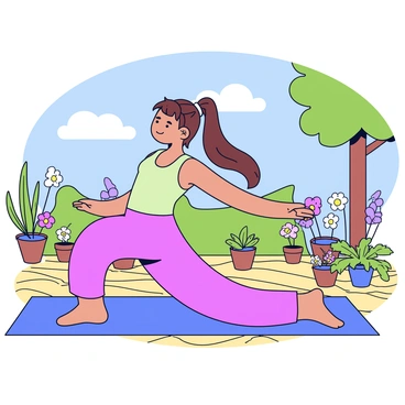 A cartoon girl with long brown hair tied in a ponytail is performing a yoga pose on a wooden patio. She is wearing a light green tank top and purple yoga pants. The patio is surrounded by small potted plants and colorful flowers, adding vibrant touches to the scene. Sunlight filters through the leaves of nearby trees, casting gentle shadows on the ground. In the background, there is a blue sky with a few fluffy clouds. The girl has a focused expression, embodying tranquility as she practices her yoga.