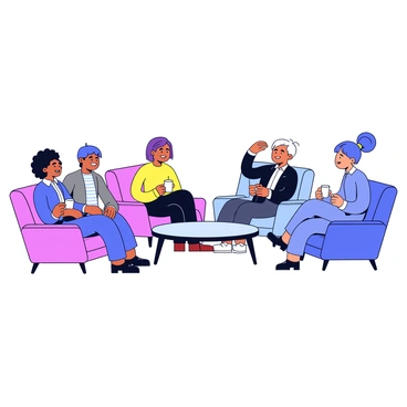 A modern office lounge with a sleek design featuring several comfy chairs in vibrant colors. In the center of the lounge is a minimalist coffee table made of glass and metal. Several employees are sitting in the chairs, engaging in casual conversations. The atmosphere is lively, with some employees laughing and others sipping coffee from white mugs. Soft lighting enhances the welcoming environment of the lounge.