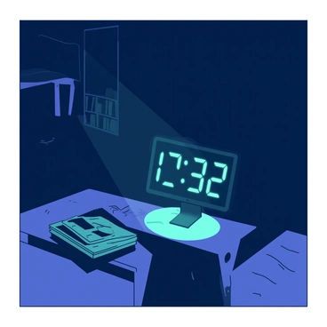 A white digital display emitting a soft glow in a dark room. The glow casts delicate shadows on the surrounding objects, including a small teal bookshelf and a few scattered books on a wooden table. The display shows the time in bright, clear numbers. The dark room contrasts with the light from the display, creating a cozy atmosphere. A faint outline of a chair can be seen in the background, adding depth to the scene.