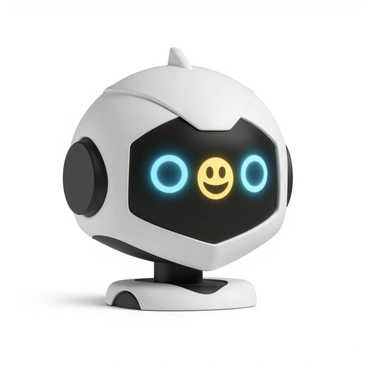 A robotic face, made of sleek silver metal with angular features and a smooth surface. Its eyes are glowing blue LEDs, and a large digital screen occupies the center of its face. On this screen, there is a bright yellow smiley face with two round eyes and a wide, cheerful smile. The background is softly lit, emphasizing the robot's features and the vibrant colors of the digital smiley. The robot stands against a neutral backdrop, showcasing its expression in a technology-inspired setting.