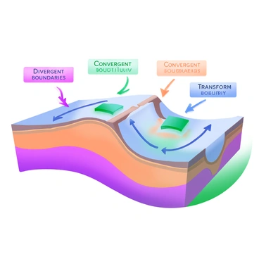 A simple diagram illustrating the different types of plate boundaries. The diagram features three main sections, each labeled clearly. The first section shows "Divergent Boundaries" with arrows pointing away from each other, indicating tectonic plates moving apart. The second section depicts "Convergent Boundaries" with arrows pointing toward each other, representing tectonic plates colliding. The third section displays "Transform Boundaries" with horizontal arrows indicating plates sliding past each other. Each section is color-coded, with distinctive colors for easy identification. Labels are prominently placed above each type of boundary for clarity.