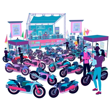 A vibrant motorcycle festival filled with a diverse array of motorcycles, showcasing various models and styles, each gleaming under the bright sunlight. Enthusiasts of different ages and backgrounds are gathered, some wearing leather jackets and helmets, while others enjoy refreshments from food stalls decorated with colorful banners. The atmosphere is buzzing with excitement, as groups of people admire the bikes, engage in conversations, and take pictures. A stage is set up in the background, featuring a live band playing energetic music, adding to the lively ambiance of the event.