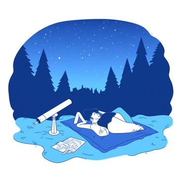 A couple is lying on a blue blanket spread out on the grass in a forest clearing. The night sky above them is filled with countless stars, shining brightly. There is a white telescope set up beside them, pointed towards the sky, with some star charts spread out nearby. The couple is gazing up, with one person resting on their elbows, while the other lies back with their arms stretched out. Surrounding the clearing are tall trees silhouetted against the starry background.