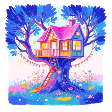 A cozy treehouse is nestled among the branches of a large oak tree. The treehouse features a wooden exterior with a natural finish. It has heart-shaped windows that give it a whimsical appearance. The exterior is adorned with glowing fairy lights that wrap around the structure, illuminating the area with a warm glow. Below the treehouse, a soft blanket of green grass surrounds the base, while a few colorful flowers peek through. A wooden ladder leads up to the entrance, inviting exploration.