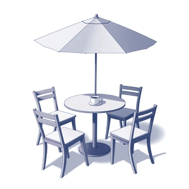 An outdoor café setting featuring a small round table. On the table, there is a coffee cup placed in the center. Above the table, an umbrella provides shade. Surrounding the table are several empty chairs arranged neatly. The background includes hints of greenery, suggesting the presence of plants or trees nearby. Soft shadows are cast by the umbrella, creating a cozy atmosphere.