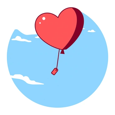 A red heart-shaped balloon is lifting off into a blue sky. The balloon has a small white tag attached to its string, fluttering gently in the breeze. Below the balloon, there are a few wispy white clouds scattered across the sky, adding depth to the scene. The sunlight casts a soft glow on the balloon, emphasizing its shape and color.