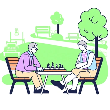 Two retirees are seated on a wooden park bench, engaged in a game of chess. One retiree, a man with gray hair and glasses, is leaning slightly forward, intently studying the chessboard. He is wearing a light blue shirt and beige trousers. The other retiree, a woman with short curly hair, is sitting back with her arms crossed, wearing a floral blouse and khaki shorts. A chess set sits on a small table between them, with pieces arranged in mid-game position. Sunlight filters through the leaves of nearby trees, casting playful shadows on the ground. In the background, there are several benches, and a walking path winds through the green grass of the park.
