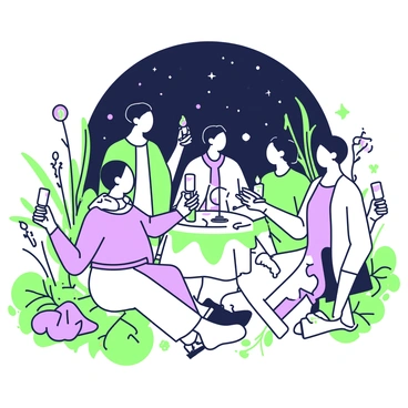 A group of five people is forming a circle in a garden. Each individual is holding a lit candle, with the soft glow illuminating their faces. The people are dressed in casual attire, creating a relaxed atmosphere. Surrounding them, the garden is filled with various plants and flowers, adding texture to the scene. The night sky is dark, enhancing the warm light from the candles. In the center of the circle, there is a small round table with a decorative cloth, creating a focal point for the gathering.