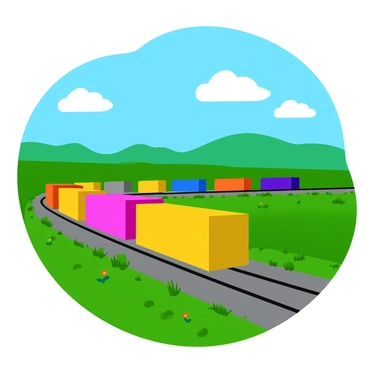 A long freight train made up of various colored containers is traveling on multiple tracks. The train extends across the image, showcasing different shapes and sizes of the containers. In the background, there is a vast landscape featuring rolling hills and a clear blue sky. A few fluffy white clouds float above, enhancing the sense of openness. The foreground includes patches of green grass and wildflowers along the train tracks, adding pops of color to the scene.