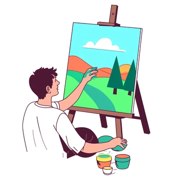 An artist is sitting at a wooden easel in front of a large canvas. The canvas displays a vibrant landscape with rolling hills and a bright sky. The artist's hands are stained with teal paint, and they are using their thumb to apply color to the canvas, creating trees and clouds. Beside the artist, there are small pots filled with various colors of paint, including orange and yellow. The scene captures the artist's focused expression as they carefully build the landscape with their thumbprints.