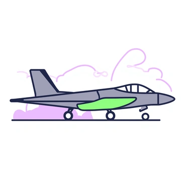 An F35 jet is positioned in stealth mode, showcasing its sleek, aerodynamic shape. The jet features a streamlined fuselage with angular design elements that enhance its stealth capabilities. Its dark exterior is smooth, allowing for minimal radar detection. Below the jet, the landing gear is retracted, emphasizing its readiness for flight. The wings are slightly folded back, enhancing its aggressive profile. In the background, faint outlines suggest a cloudy sky, giving a sense of altitude and motion.