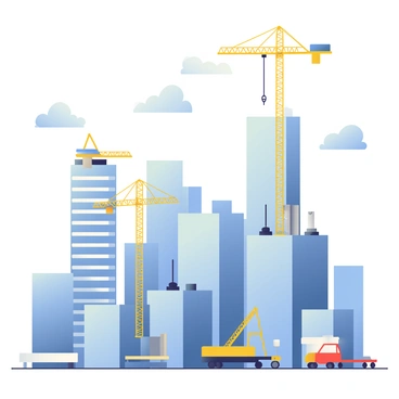 A city skyline features several tall skyscrapers in various stages of construction. In the foreground, multiple cranes with yellow and blue colors are actively lifting steel beams and concrete panels. The sky above is a light blue with a few fluffy white clouds scattered throughout. Some of the cranes are positioned atop newly built structures, while others are set up on the ground near the construction sites. The silhouettes of completed buildings can be seen in the background, providing a contrast to the ongoing projects in the foreground.