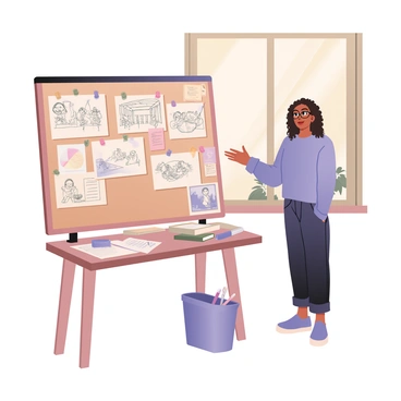 A digital flat illustration depicting an animator in a cozy workspace. The animator is a woman with medium skin and curly hair, wearing glasses, a light blue sweater, and dark jeans. She stands next to a corkboard covered with multiple sketches, each illustrating different scenes of a narrative sequence. The sketches are pinned with colorful push pins and show various characters and actions. A desk is visible in the foreground, cluttered with art supplies including markers, sticky notes, and a sketchbook. The background features a large window with sunlight streaming in, illuminating the creative atmosphere.
