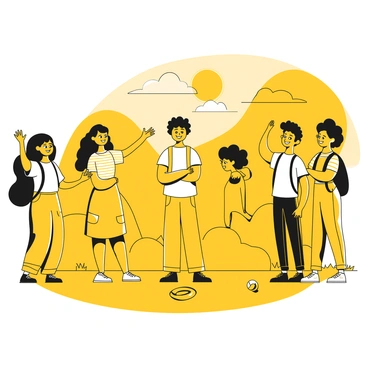 A group of four teenagers standing in a park, engaged in conversation. One teen, a girl with long hair, is animatedly gesturing with her hands while another, a boy with short hair, is leaning forward with an encouraging expression. The third teen, a girl wearing a backpack, is smiling supportively. The hesitant friend, a boy with messy hair, stands a few steps back, looking uncertain as he crosses his arms. The sun is setting in the background, casting long shadows. A frisbee lies on the grass nearby, indicating the activity they are trying to persuade him to join.