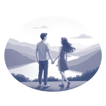 A couple stands together at a scenic overlook. The man and woman are holding hands, facing towards a distant landscape. The woman has long hair that flows gently in the breeze, and she wears a fitted dress that reaches her knees. The man has short hair and is dressed in a casual shirt and trousers. Behind them, the view showcases rolling hills, valleys, and a winding river that reflects the light. There are faint clouds in the sky, adding texture to the backdrop. The scene captures a moment of connection and tranquility between the couple.