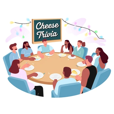 A lively trivia night is taking place in a cozy room filled with warm lighting. Several tables are arranged in a circular layout, each occupied by a group of participants engaged in discussion. A large chalkboard at the front of the room displays the words "Cheese Trivia" in bold letters. On each table, there are notepads and pens scattered amidst plates of various cheese types, including brie, cheddar, and gouda. Participants, a diverse group of individuals with different hairstyles and clothing styles, are leaning forward, eagerly discussing answers and sharing laughs. Above them, colorful string lights hang, adding to the vibrant atmosphere.