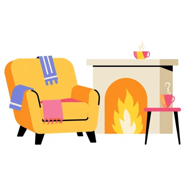 A cozy fauteuil with plush upholstery is positioned next to a crackling fireplace. The fauteuil has a wide seat and rounded arms, inviting relaxation. A soft, knitted blanket drapes over one side of the chair, adding a touch of warmth. The fireplace burns brightly, casting a warm glow throughout the scene. The lighting has a soft, golden hue, enhancing the inviting atmosphere of the space. A small side table holds a steaming cup of tea, completing the cozy setup.