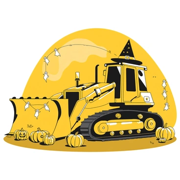 A bulldozer parked on a construction site, covered in various Halloween decorations. The bulldozer's front blade is adorned with small, white ghost figures that dangle from it. Pumpkins with carved faces are placed on the tracks and around the base, some with flickering candlelight inside. Fake spider webs stretch across the engine compartment, and a black witch's hat sits atop the cab. The scene is set during twilight, with a slight mist in the air, enhancing the spooky atmosphere.