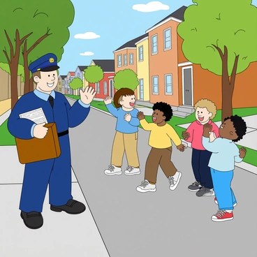 A cheerful mailman with light skin and a wide smile is waving with one hand to a group of excited children. He is wearing a blue postal uniform, complete with a postal cap. The mailman is holding a brown mailbag filled with letters and small packages. The children, with various hair colors and clothes, are playing on the sidewalk, some waving back at him. The scene is set on a sunny street lined with green trees and colorful houses. Bright sunlight casts playful shadows on the pavement, enhancing the joyful atmosphere.