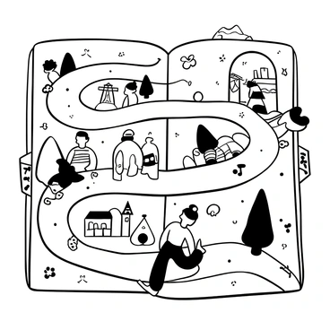A winding path stretches across the page, leading through various illustrated story scenes. Each scene depicts a different narrative theme, with distinct landscapes such as a forest, a castle, and a market. Characters in whimsical attire are stepping through the pages, engaged in their respective stories. Some characters are looking down towards the path, while others are interacting with elements from their own scenes. Surrounding each scene are decorative details, such as trees, banners, and small creatures, enhancing the storytelling aspect of the illustration.