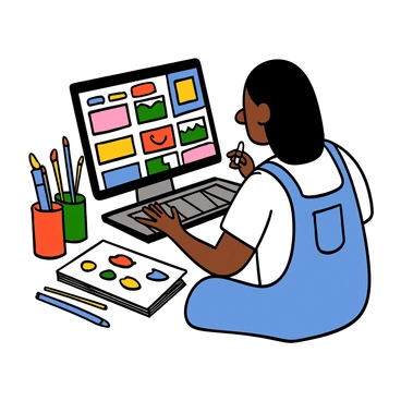 A digital artist with light skin and straight black hair is focused on creating a collage of images on a computer screen. The artist is wearing a white t-shirt and denim overalls. Surrounding the artist are colorful art supplies, such as paintbrushes and markers, along with a sketchbook filled with initial ideas. The computer screen displays various layers of vibrant images, showcasing a mix of shapes and colors that the artist is working on. The artist is using a graphics tablet, with one hand on the stylus and the other on the keyboard, fully immersed in the creative process.