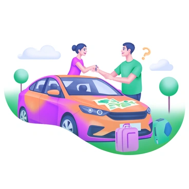 A parent standing next to a car, handing over a set of keys to their teenager. The parent has a proud expression, and the teenager looks excited and a bit nervous. The scene is set in a driveway with a few trees and a clear sky in the background. The car is a modern sedan in a vibrant color, parked ready for the journey. Surrounding them are travel bags and a map laid out on the car's hood.