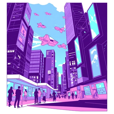 A vibrant duotone cityscape filled with towering skyscrapers illuminated by "neon lights" in various shapes and colors. The buildings feature "high-tech elements" such as holographic advertisements and sleek, metallic surfaces. Numerous flying vehicles zip through the air between the structures, each casting reflections on the glass facades. The streets below are bustling with people dressed in "futuristic attire," while some are gathered around digital kiosks displaying interactive information. The atmosphere is alive with energy and innovation, creating a dynamic urban environment.