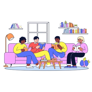 A cozy living room with a warm color palette. In the center, a group of three people are sitting comfortably on a large, cushioned sofa, each holding a book. A small wooden coffee table in front of them is cluttered with several open books and cups of steaming tea. Soft cushions are scattered around the room, and a floor lamp stands in the corner, casting a gentle light over the scene. On the walls, there are bookshelves filled with various books, and a small plant is placed on the window sill.