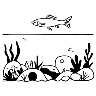 A walleye swimming gracefully above a rocky lake bottom, its body in profile view. The lake bed is filled with various interesting rock formations, including jagged stones and smooth boulders. There are patches of aquatic plants scattered among the rocks, creating a diverse underwater landscape. Light filters down from the surface, casting soft shadows on the lake floor, enhancing the intricate details of the rocks.
