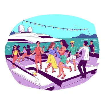 A vibrant scene unfolds on a luxurious yacht deck where a group of people is immersed in a lively party. Several individuals are dancing joyfully, their movements synchronized with the upbeat music playing in the background. The yacht’s sleek design gleams in the sunlight, and the water sparkles around it. Some guests are holding colorful drinks in their hands, while others are laughing and chatting animatedly. A few decorative string lights are draped overhead, enhancing the festive atmosphere. In the background, the horizon reveals a clear blue sky meeting the deep teal of the sea.