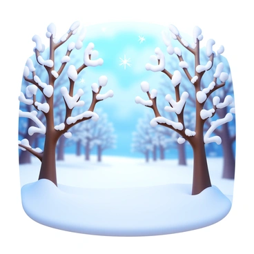 A winter wonderland scene filled with snow-covered trees that have branches heavy with snow. There are sparkling ice crystals glistening in the light scattered throughout the scene. The ground is blanketed in a thick layer of soft, white snow, creating a smooth surface. In the background, the sky is a gentle blue, providing contrast to the white landscape.